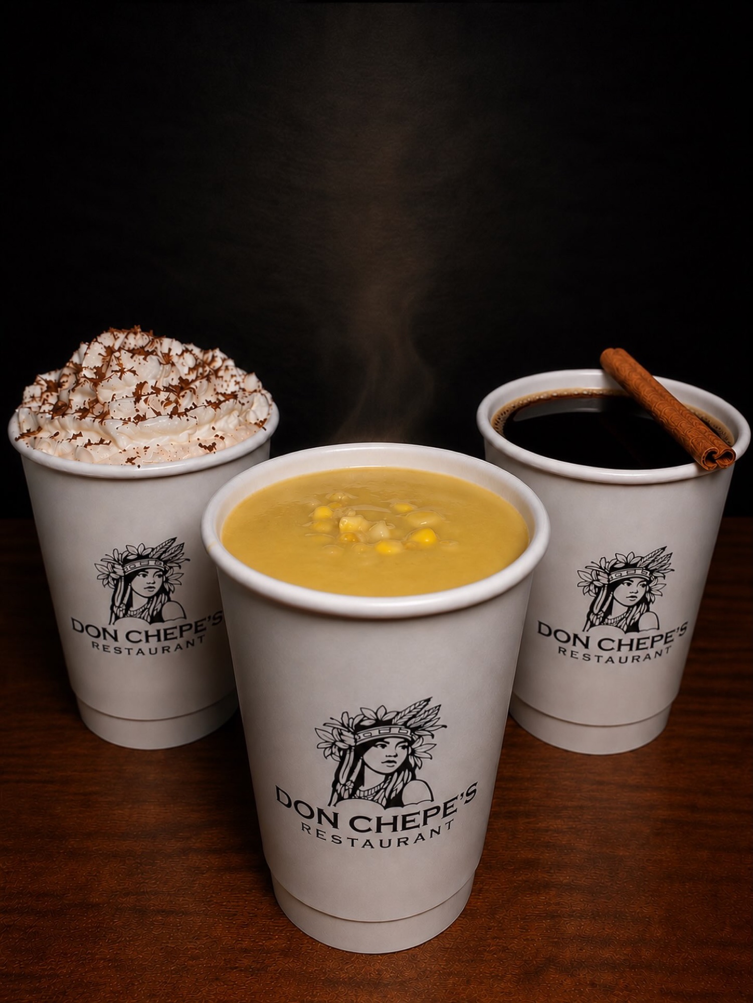 Don Chepe's branded 12 oz double wall paper coffee cups filled with hot drinks