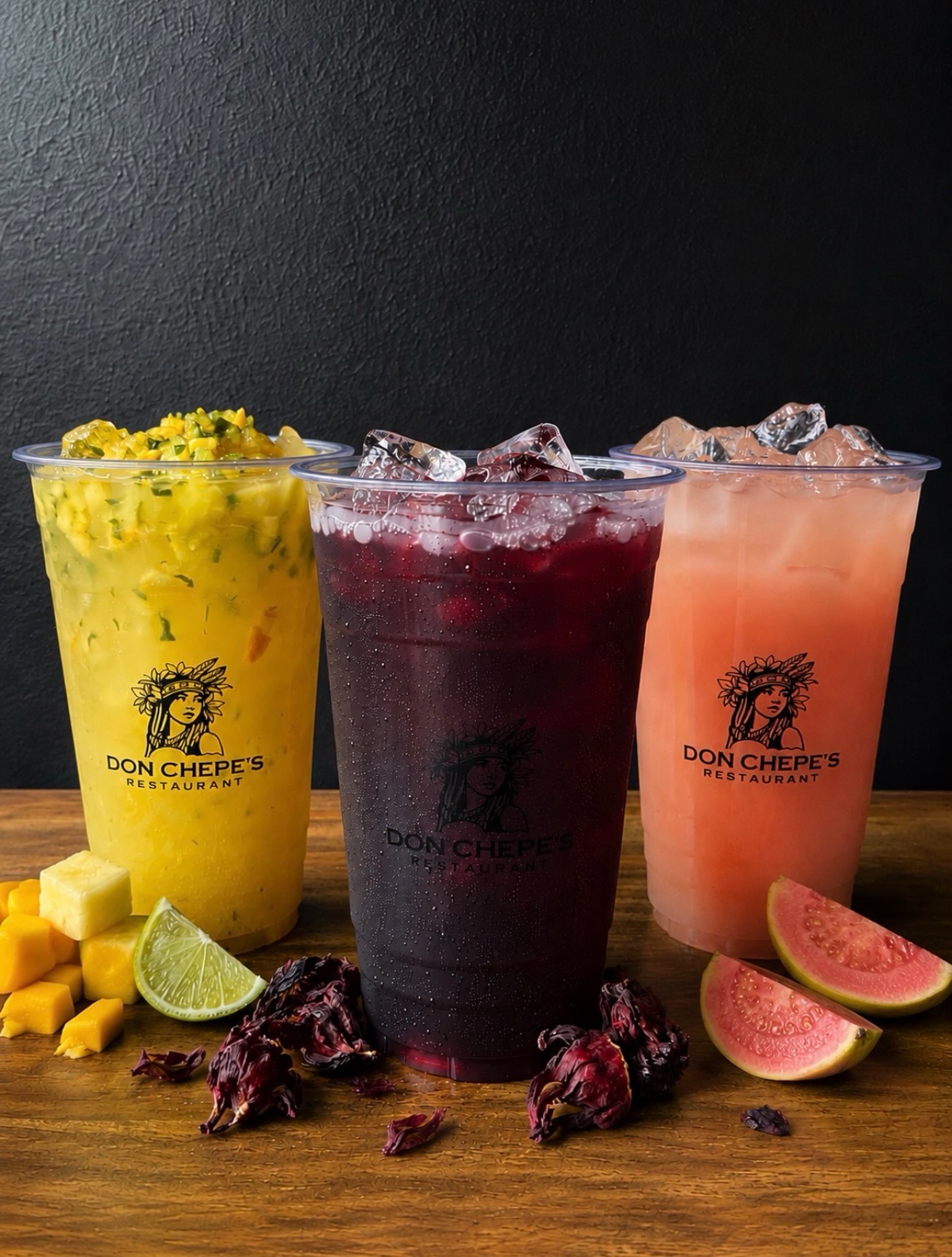 Don Chepe's branded PET cold drink cups filled with colorful beverages