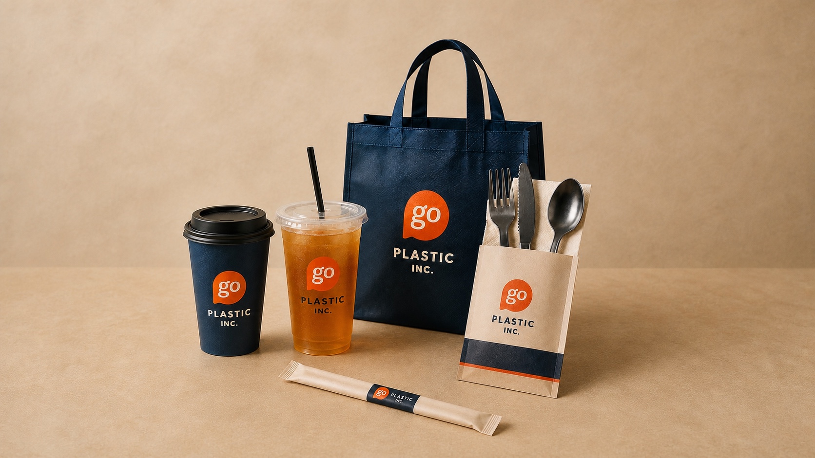 Go Plastic branded hot and cold drink cups, reusable bag, cutlery, napkin and straw