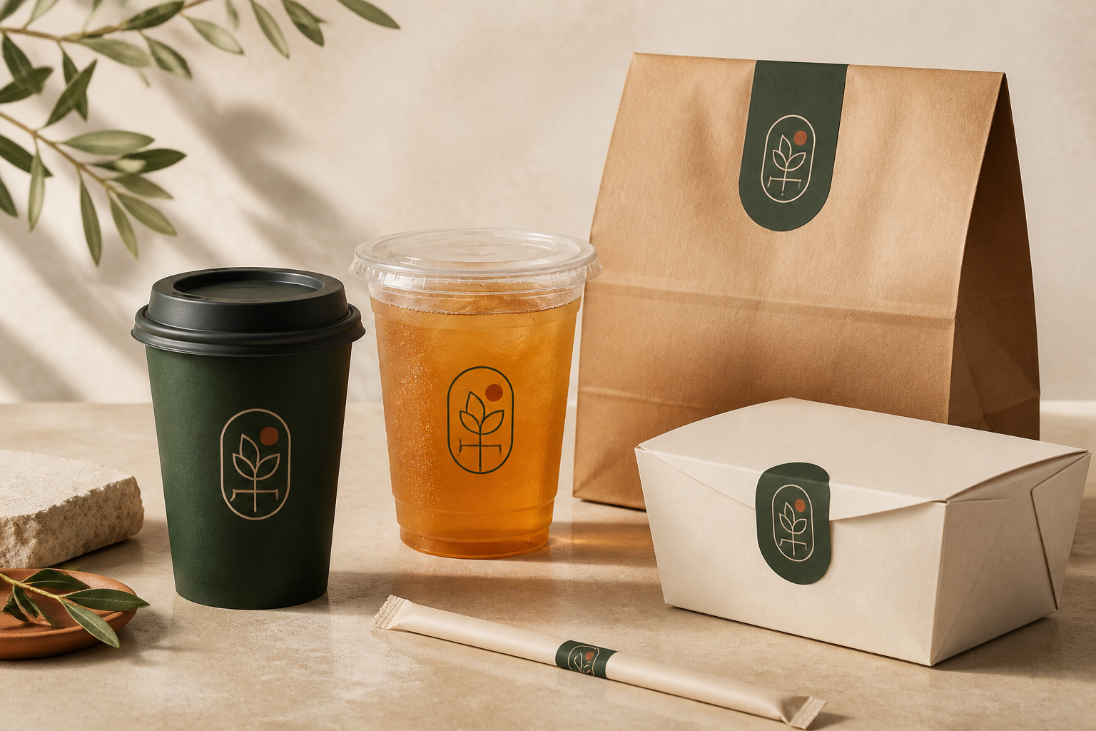 Coordinated green coffee cup, clear cold cup, kraft delivery bag and takeout box
